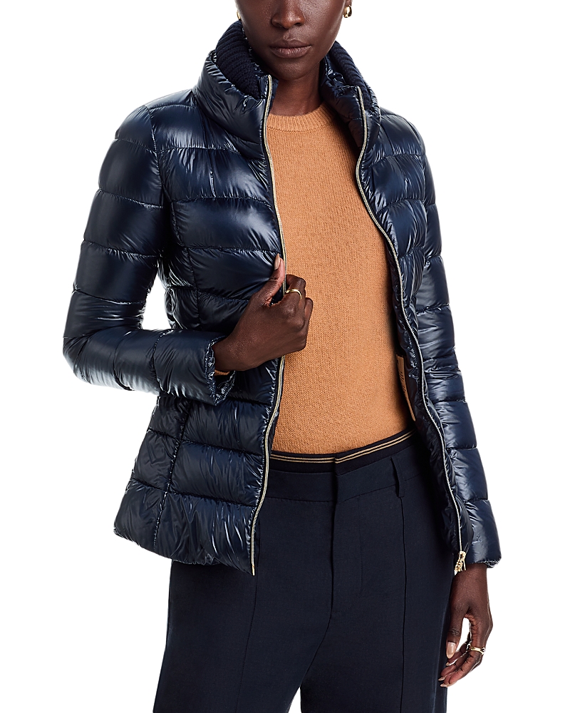 Herno Iconico Claudia Knit Nylon Ultralight Fitted Down Coat In Blue