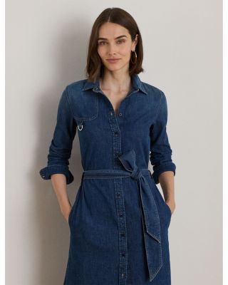 Horsebit Trim Belted Denim Shirtdress