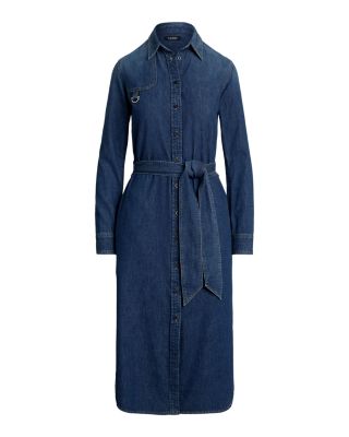 Petites Horsebit Trim Belted Denim Shirtdress