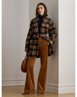 Plaid Wool Blend Shawl Collar Wrap Coat