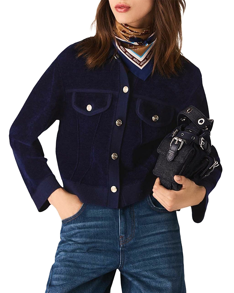 Maje Womens Navy Button-down Cropped Stretch-velvet Jacket In Blue