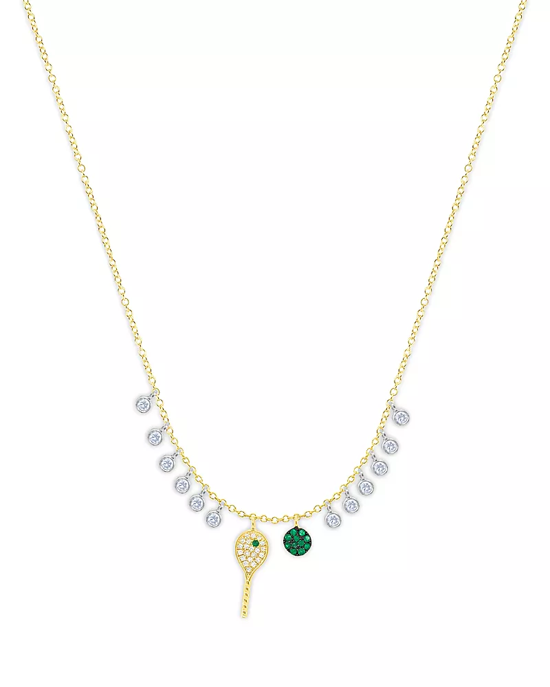 Meira T 14K White & Yellow Gold Diamond & Emerald Tennis Ball & Racket Dangle Pendant Necklace, 16