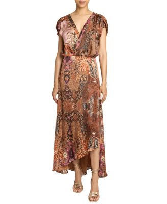 Fallon Midi Dress with Hi-Lo Skirt in Printed Charmeuse