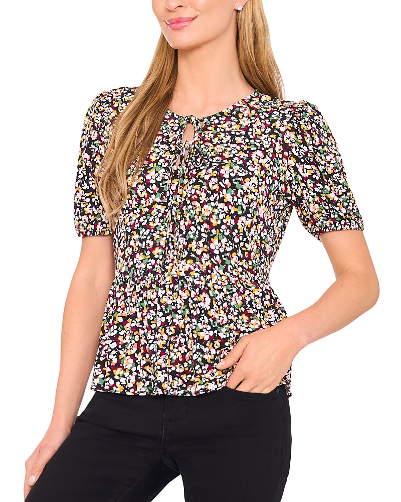 Cece Floral Knit Keyhole Top In Black
