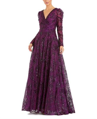 Embellished V-Neck Long Sleeve A Line Gown
