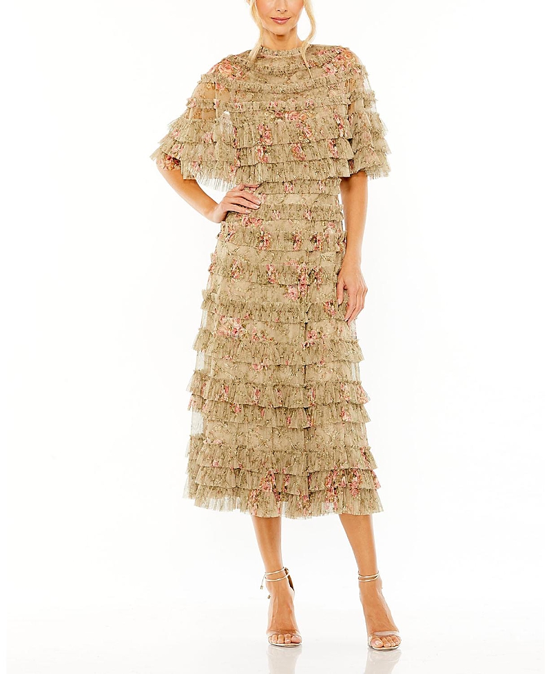 Mac Duggal Floral Mesh Ruffle Midi Dress In Green