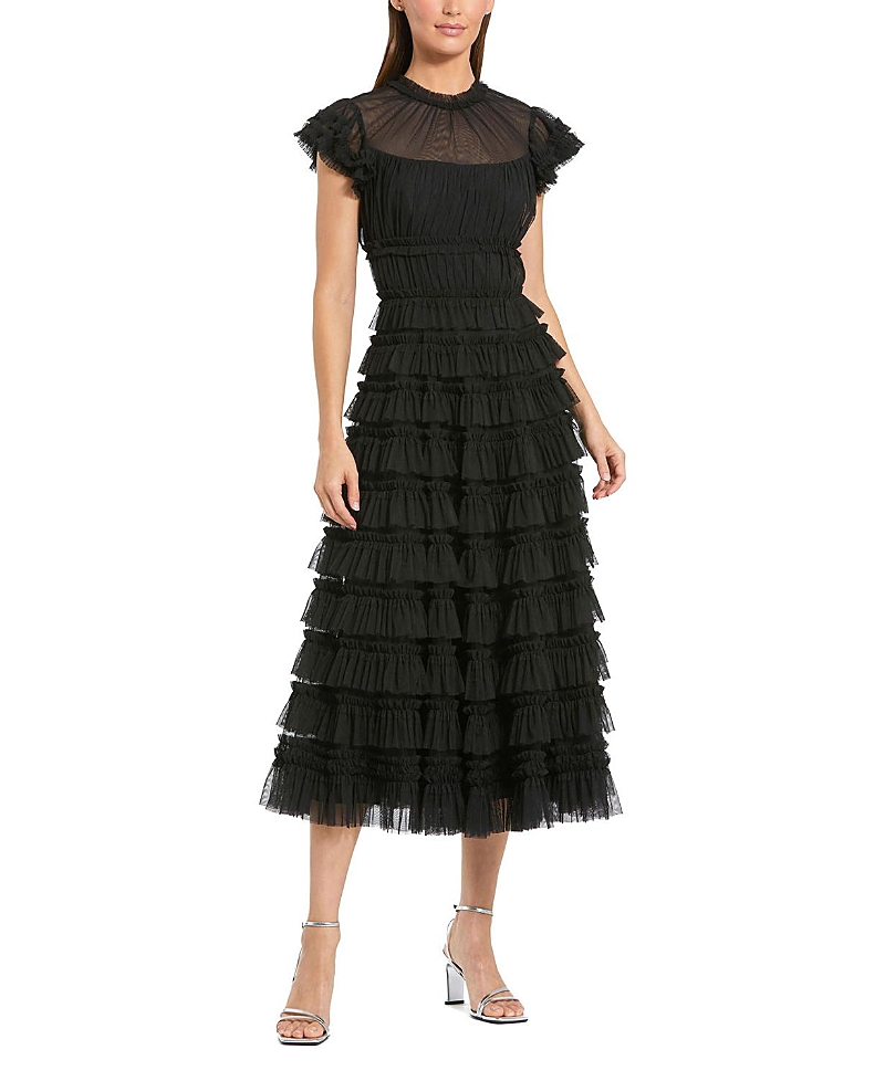 Mac Duggal Mesh Micro Ruffle High Neck Cap Sleeve Midi Dress In Black