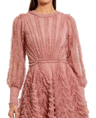 Ruffle Lace Up Back Long Sleeve Mini Dress
