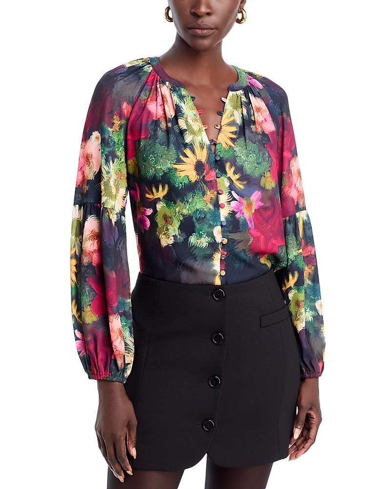 T Tahari Floral Split Neck Button Down Blouse