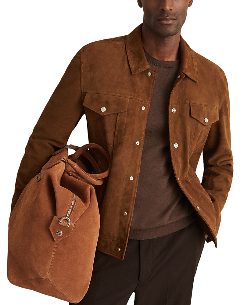 Reiss Edington Suede Press Stud Trucket Jacket In Brown