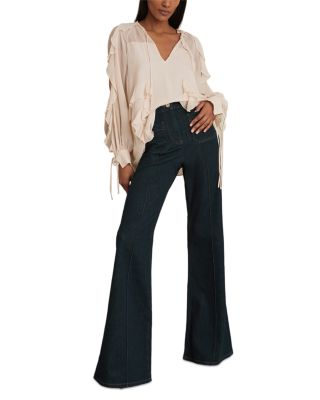Petite Sakura Patch Pocket High Rise Flare Jeans in Dark Blue