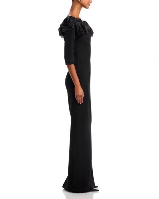 Crepe 3D Flower Off the Shoulder Three Quarter Length Sleeved Gown