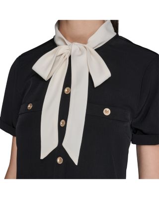 Bow Neck Pleated Skirt Dress