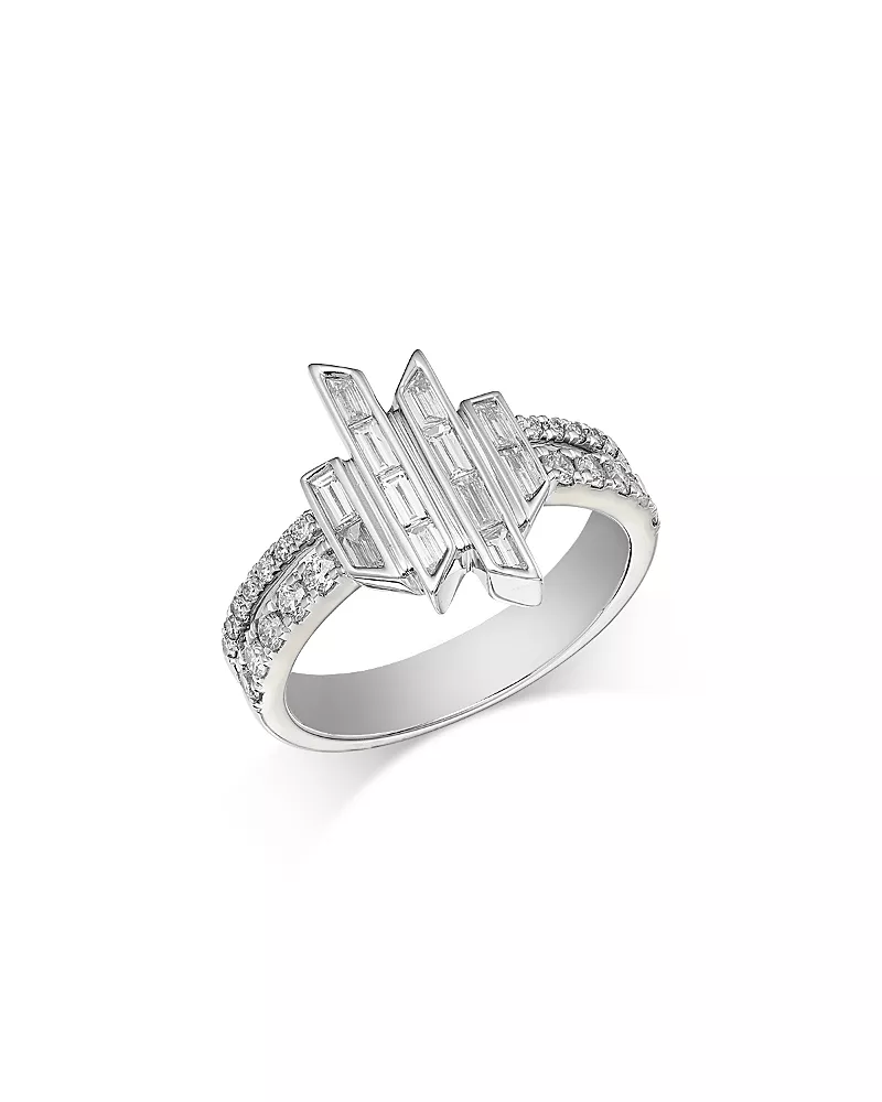 Bloomingdale's Fine Collection Diamond Round & Baguette Geometric Cluster Double Row Ring in 14K White Gold, 0.75 tcw