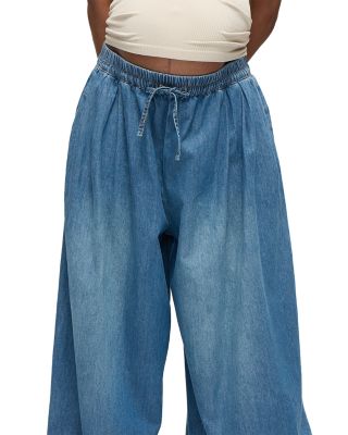 Wide Leg Drawstring Denim Maternity Pants in Med Wash