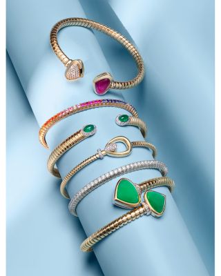 18K Yellow Gold Via Giardino Tubogas Domed Emerald Cabochon & Diamond Bracelet