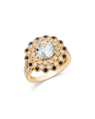 Aquamarine, Blue Sapphire, & Diamond Ring in 14K Yellow Gold