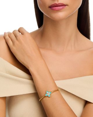 18K White &amp; Yellow Gold Venetian Princess Turquoise &amp; Diamond Flower Bangle Bracelet