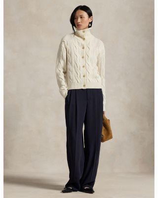Cable Wool Cashmere Funnelneck Cardigan Sweater