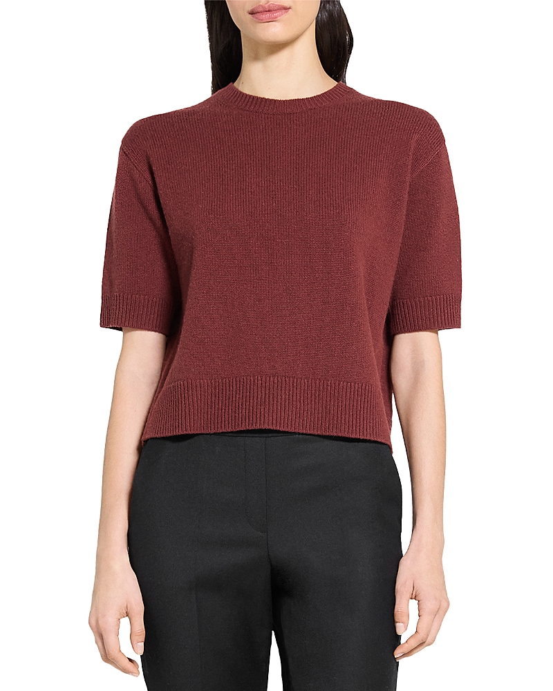 Theory Cashmere Cropped Short Sleeve Sweater In Red