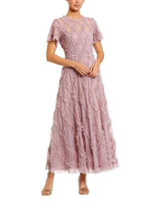  Mesh High Neck Short Sleeve Ruffle Ankle Dress