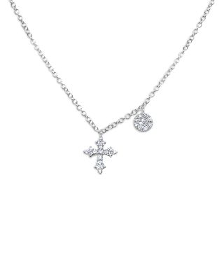 Diamond Cross & Disc Cluster Pendant Necklace in 14K White Gold, 0.12 tcw 