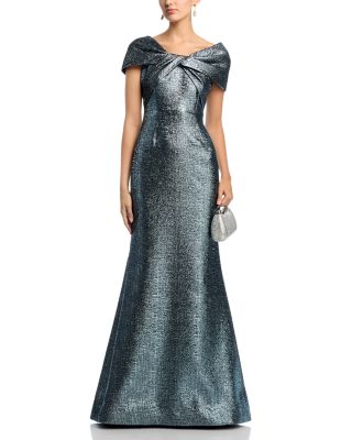 Metallic Jacquard Twist Bodice Off-the-Shoulder Gown