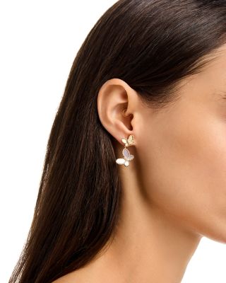 18K Yellow Gold Jasmine Mother of Pearl & Diamond Butterfly Dangle Drop Earrings