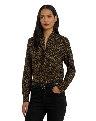 Chain Print Crepe Tie Neck Blouse