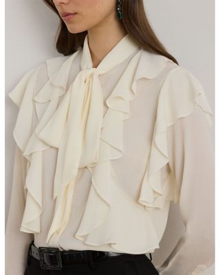 Ruffle Trim Georgette Tie Neck Blouse