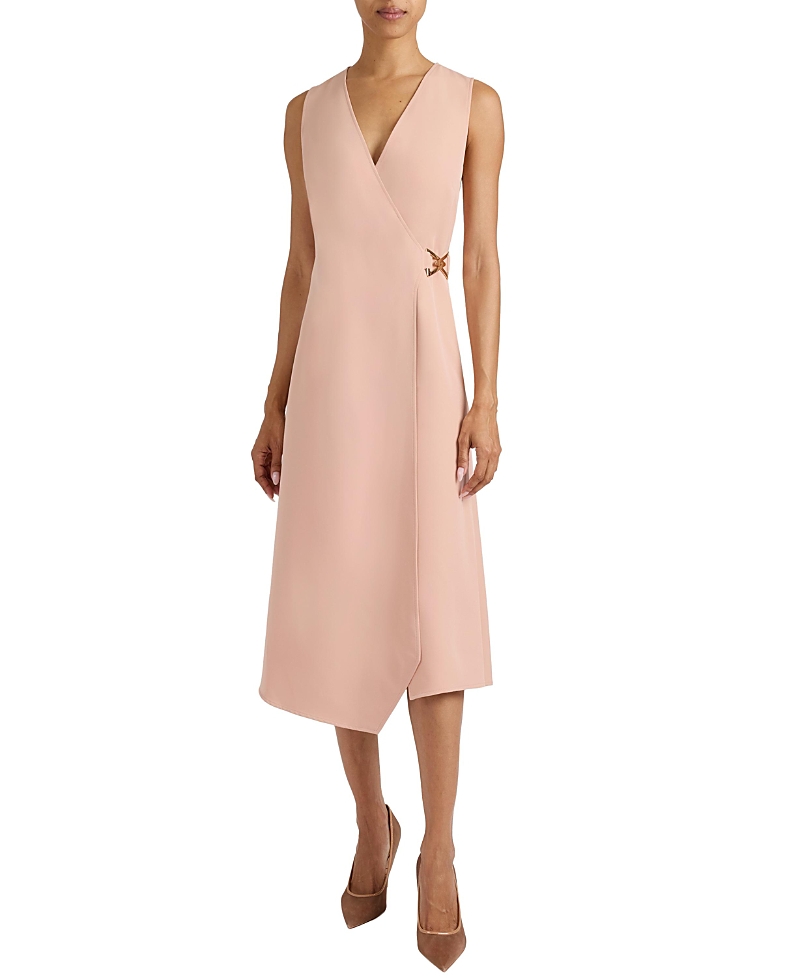 Santorelli Ursa Sleeveless Faux Wrap Dress with Metal Buckle in Stretch Crepe