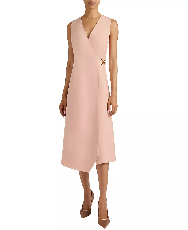 Santorelli Ursa Sleeveless Faux Wrap Dress with Metal Buckle in Stretch Crepe