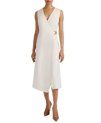Ursa Sleeveless Faux Wrap Dress with Metal Buckle in Stretch Crepe