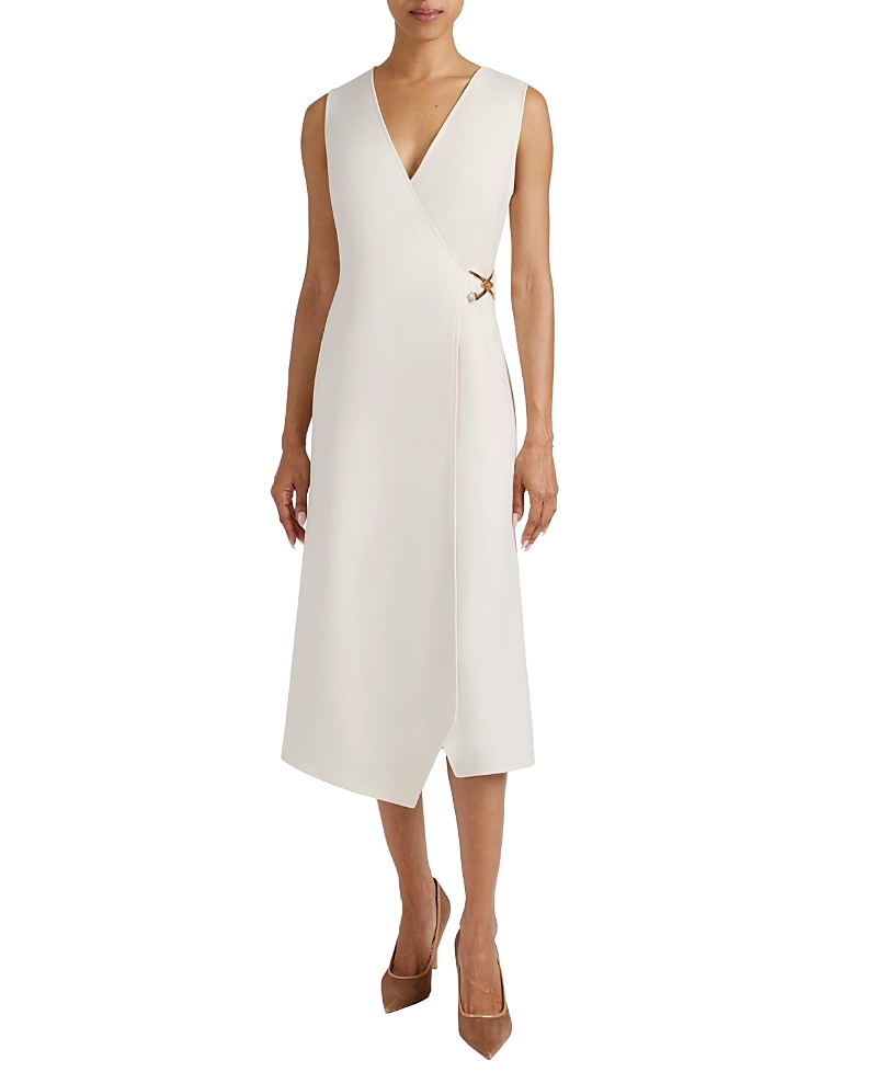 Santorelli Ursa Sleeveless Faux Wrap Dress with Metal Buckle in Stretch Crepe