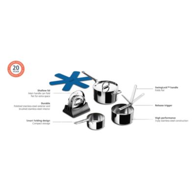 Space Steel Six Piece Stainless Steel Saucepan Set with Folding Handles