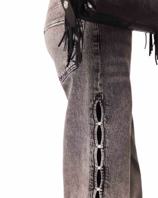Perline High Rise Beaded Wide Leg Jeans in Grey