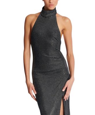  Long Velvet Halterneck Dress With Rhinestones