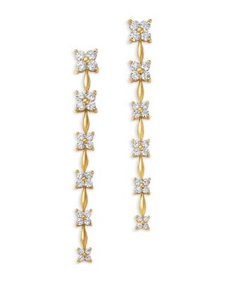 Diamond Flower Quad Cluster Graduated Linear Drop Earrings in 14K Yellow Gold, 1.75 tcw