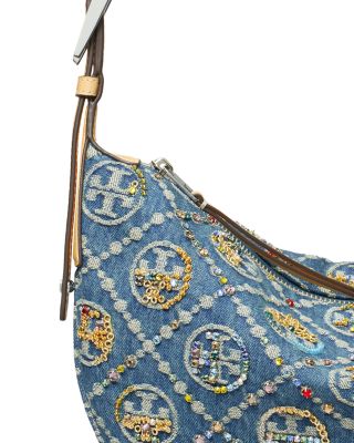 T Monogram Embellished Denim Shoulder Bag