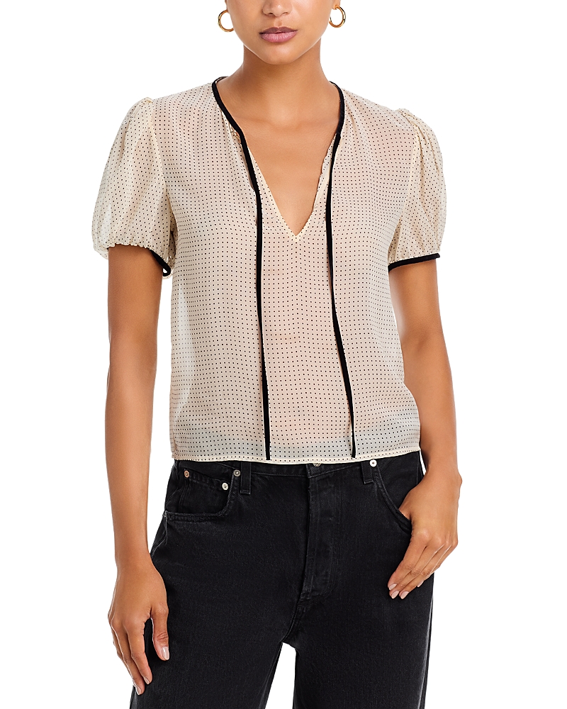 Frame Polka Dot Tie Front Puff Sleeve Semisheer Silk Top In Neutral