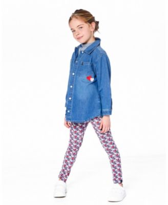 Girls' Denim Shirt with Patch Pockets and Apple Patch - Big Kid