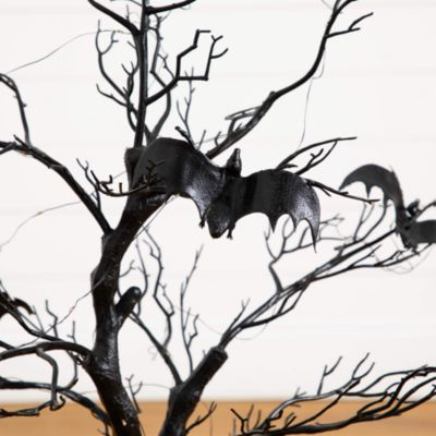 3' Pre-Lit Artificial Halloween Black Spooky Twig Tree with Bats and 100 Orange & Purple LED Lights