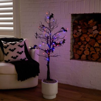 4' Pre-Lit Artificial Halloween Black Spooky Twig Tree with Bats and 120 Orange & Purple LED Lights