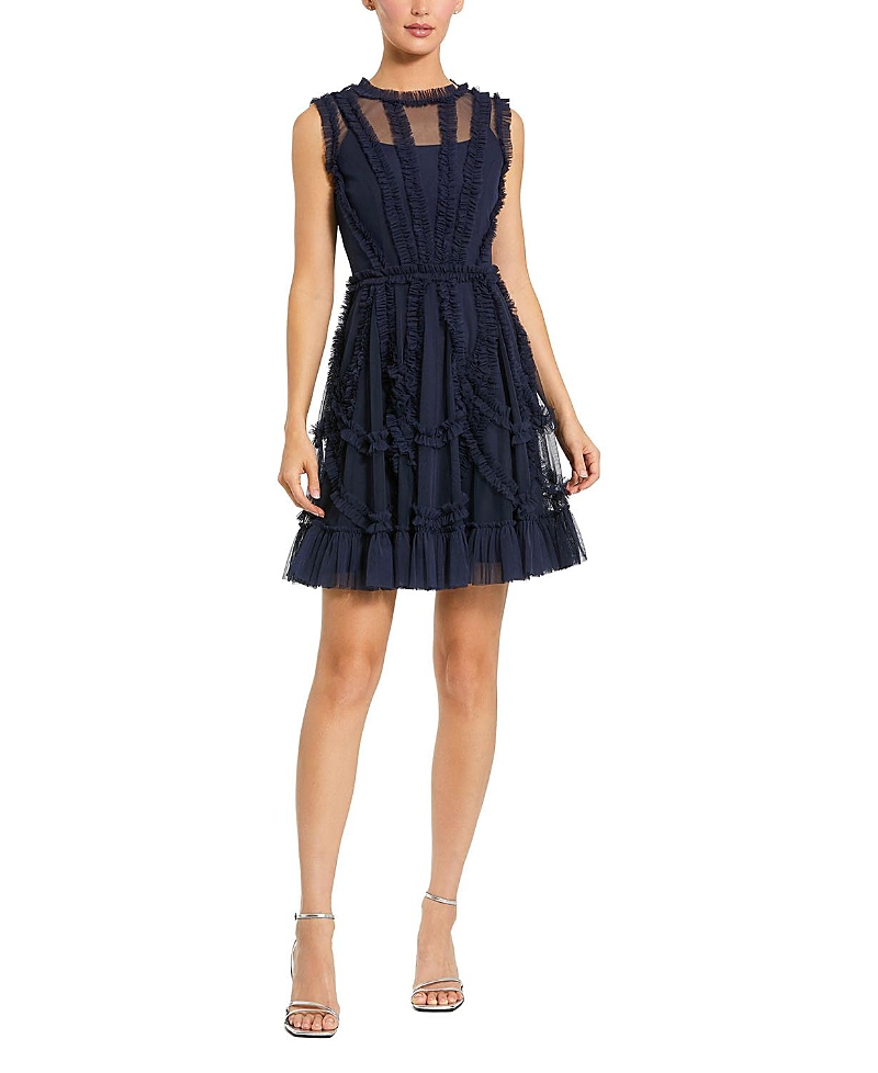 Mac Duggal Mesh Micro Ruffle High Neck Mini Dress In Purple