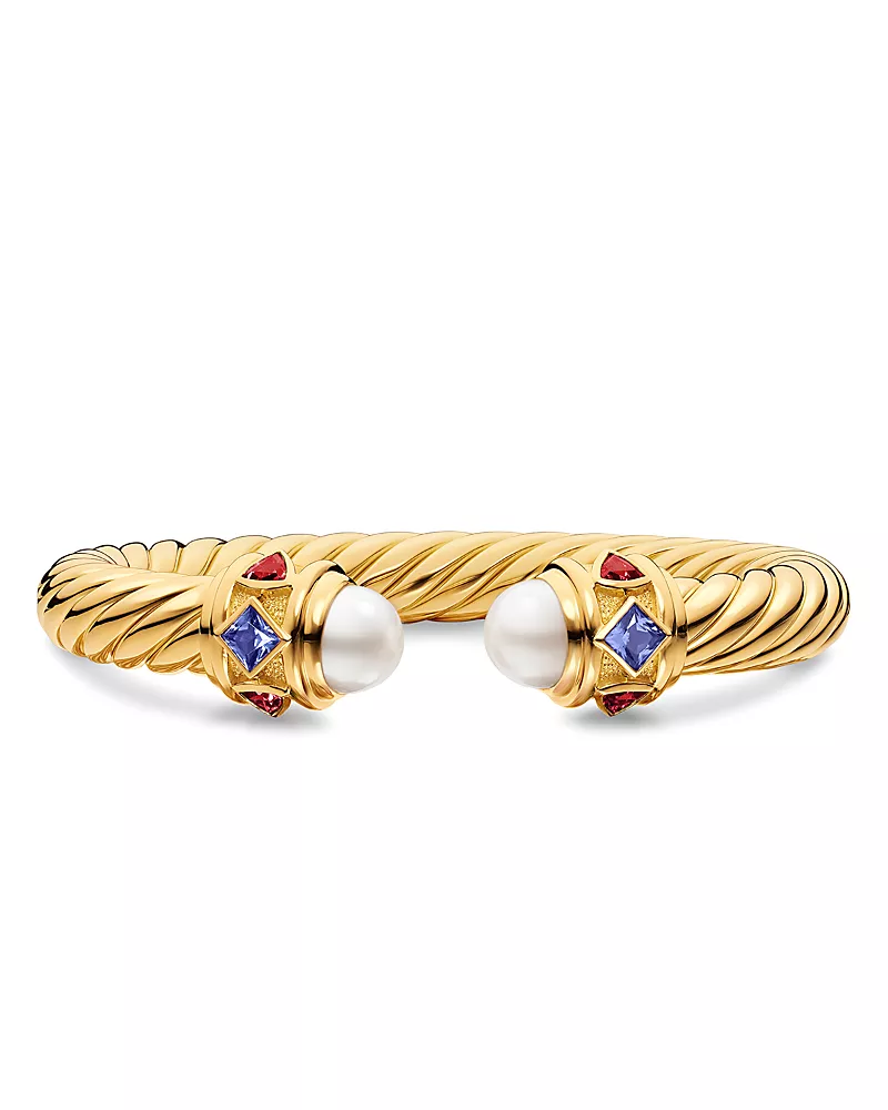 David Yurman Renaissance Cablespira Bracelet in 18K Yellow Gold with Pearl, Iolite and Rhodolite Garnet, 9mm