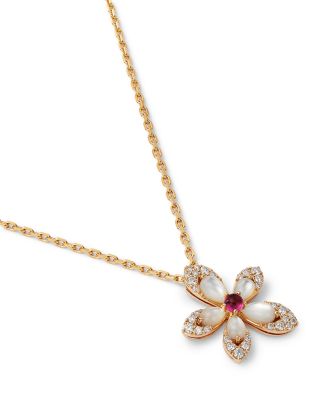 18K Rose Gold Tiare Mother of Pearl, Rubellite, & Diamond Flower Pendant Necklace, 16-18"