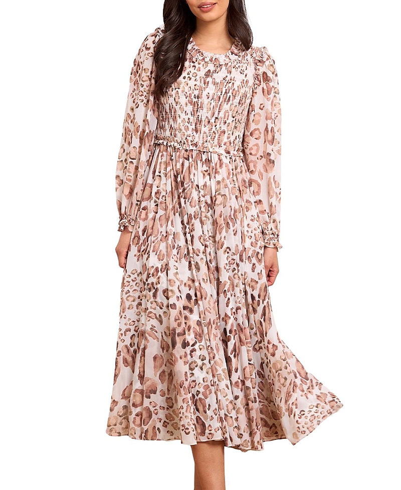 Needle & Thread Leopard Chiffon Smocked Ballerina Dress In Silver