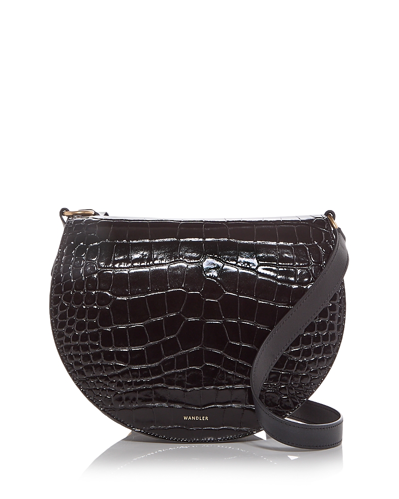 Wandler Kate Croc Embossed Leather Saddle Bag In Brown
