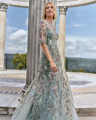 Floral Embroidered Tulle Elbow Sleeve Gown
