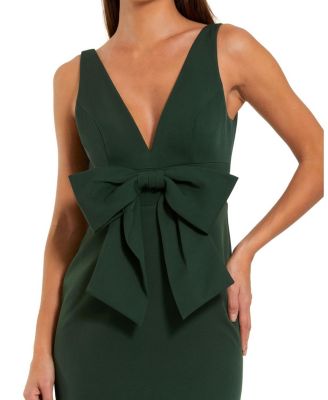  Crepe Sleeveless V Neck Column Dress With Bow